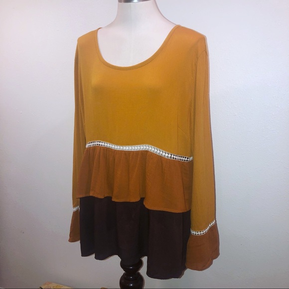 Signature Studio Tops - YELLOW OCHRE BROWN TIERED RUFFLED TOP SIGNATURE L